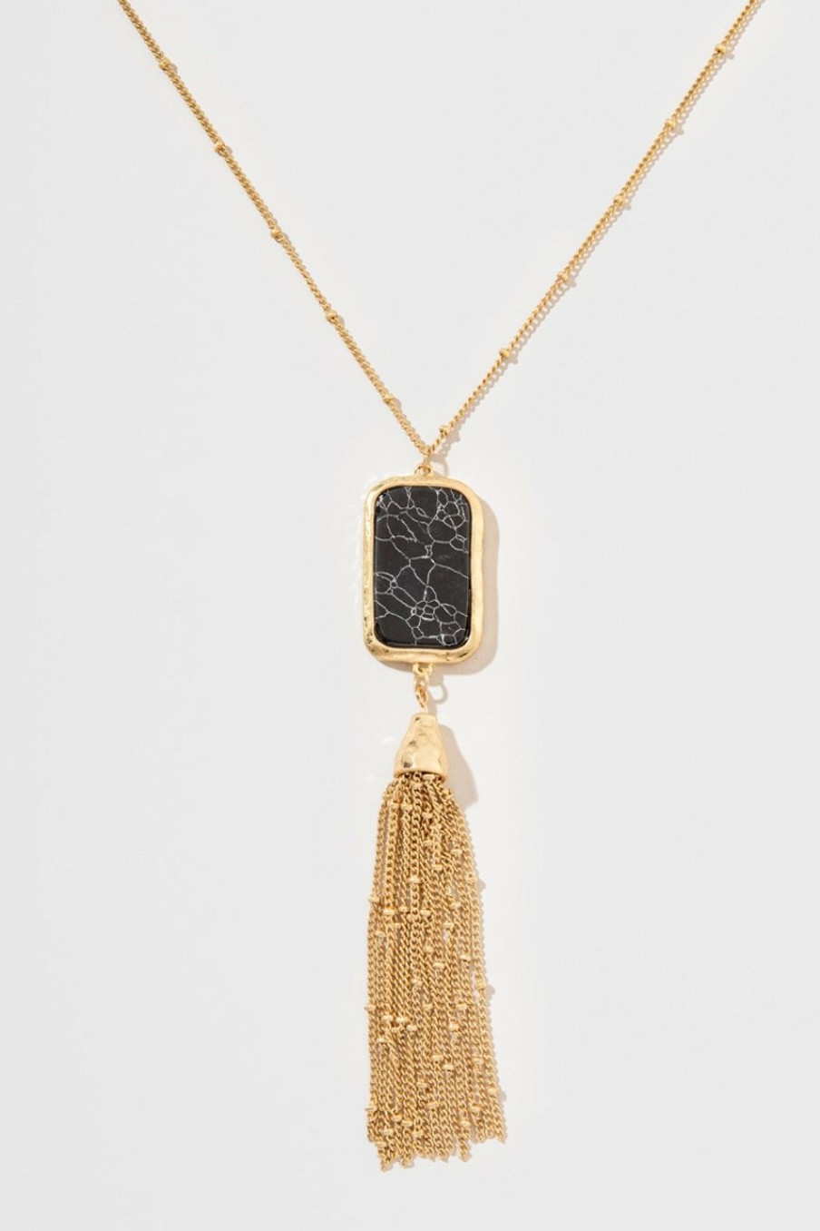 Francesca's Eugenia Long Semi Precious Stone Pendant Tassel Necklace Black Necklaces