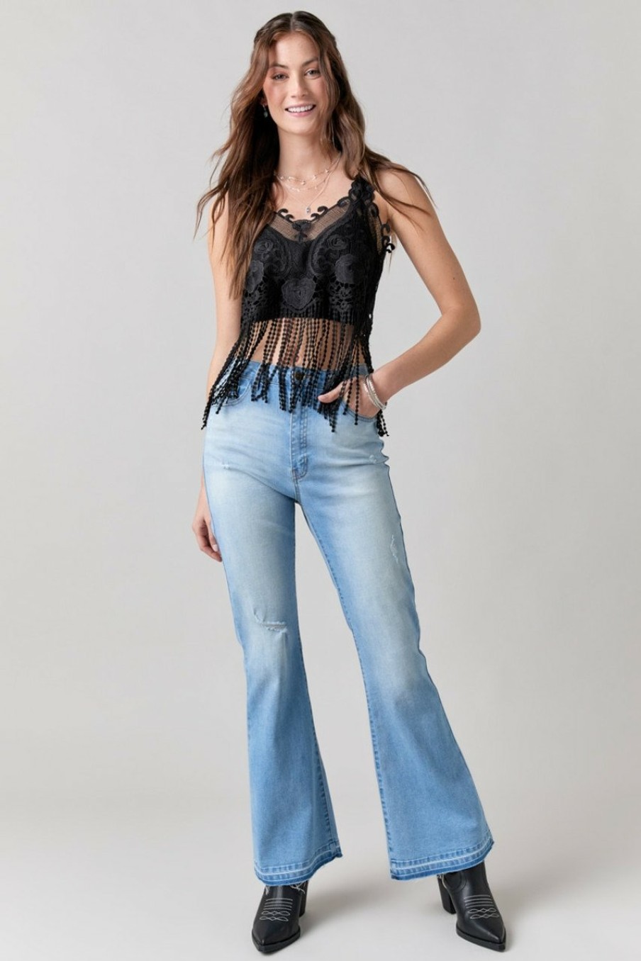 Francesca's Ariana Sheer Lace Fringe Top Black Tops