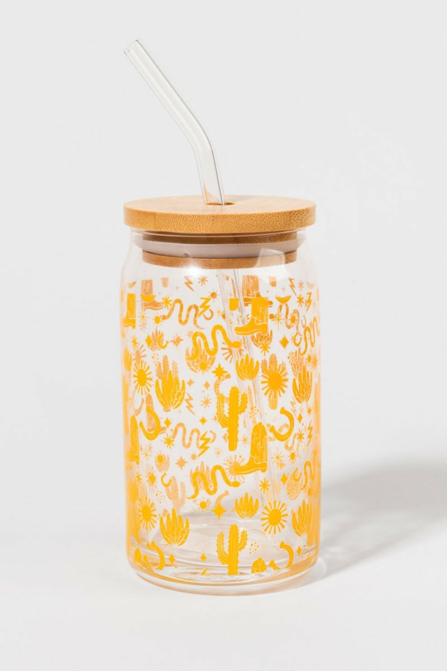 Francesca's Western Print Glass With Lid Yellow Drinkware