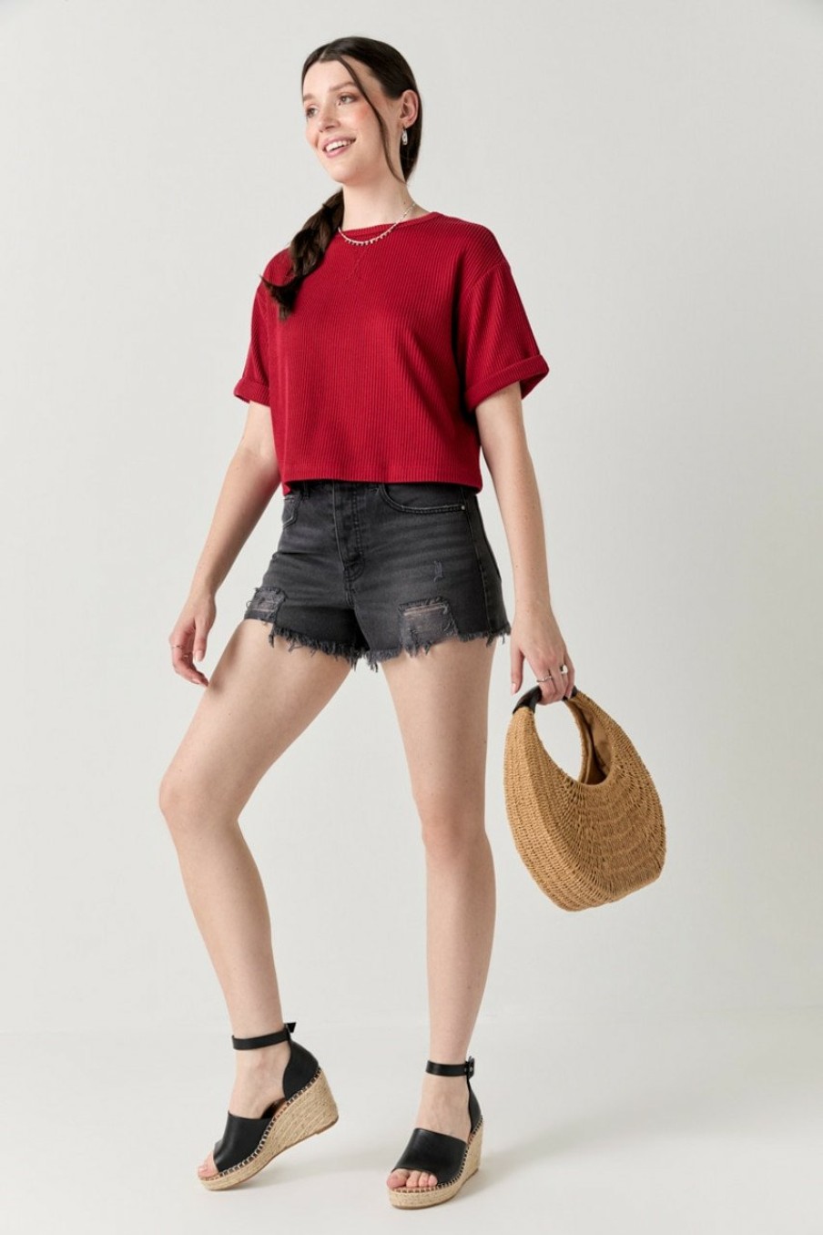 Francesca's Lila Destructed High Waisted Denim Shorts Black Shorts