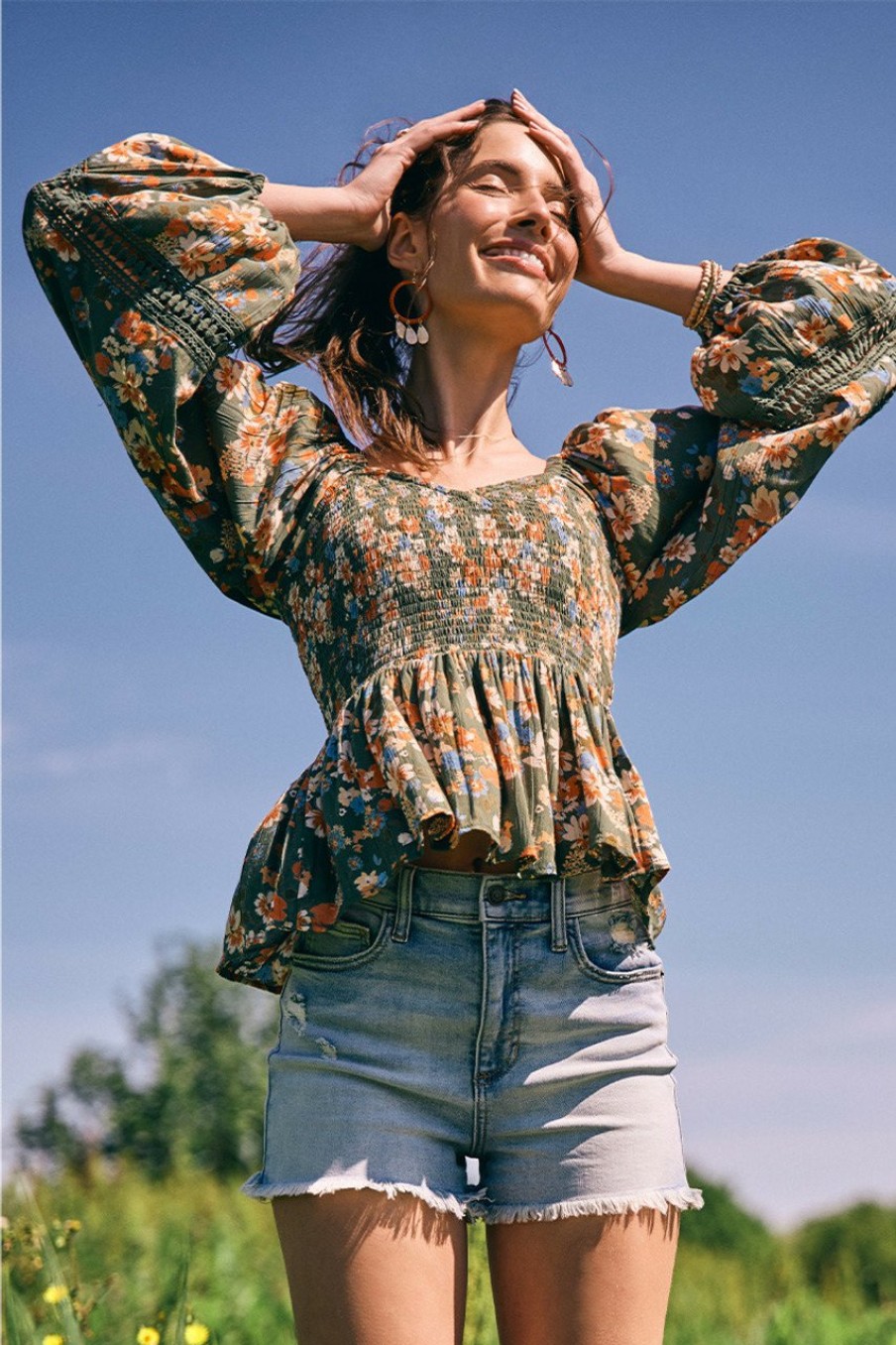 Francesca's Elaine Smocked Waist Floral Print Blouse Green Tops