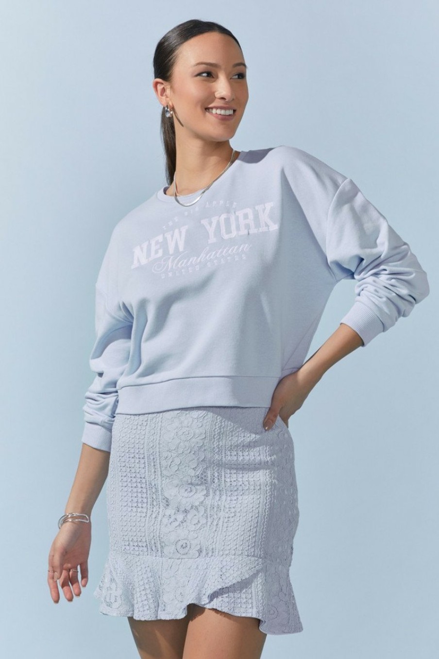 Francesca's Jenny New York Crewneck Sweatshirt Light Blue Tops