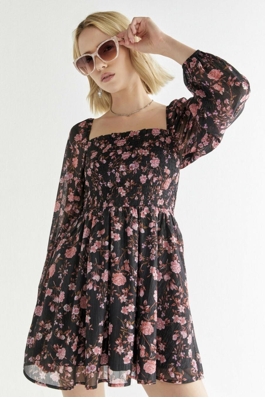 Francesca's Mary Floral A Line Smock Mini Dress Black Dresses