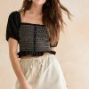 Francesca's Ella Waisted Smocked Short Sleeve Top Black Tops