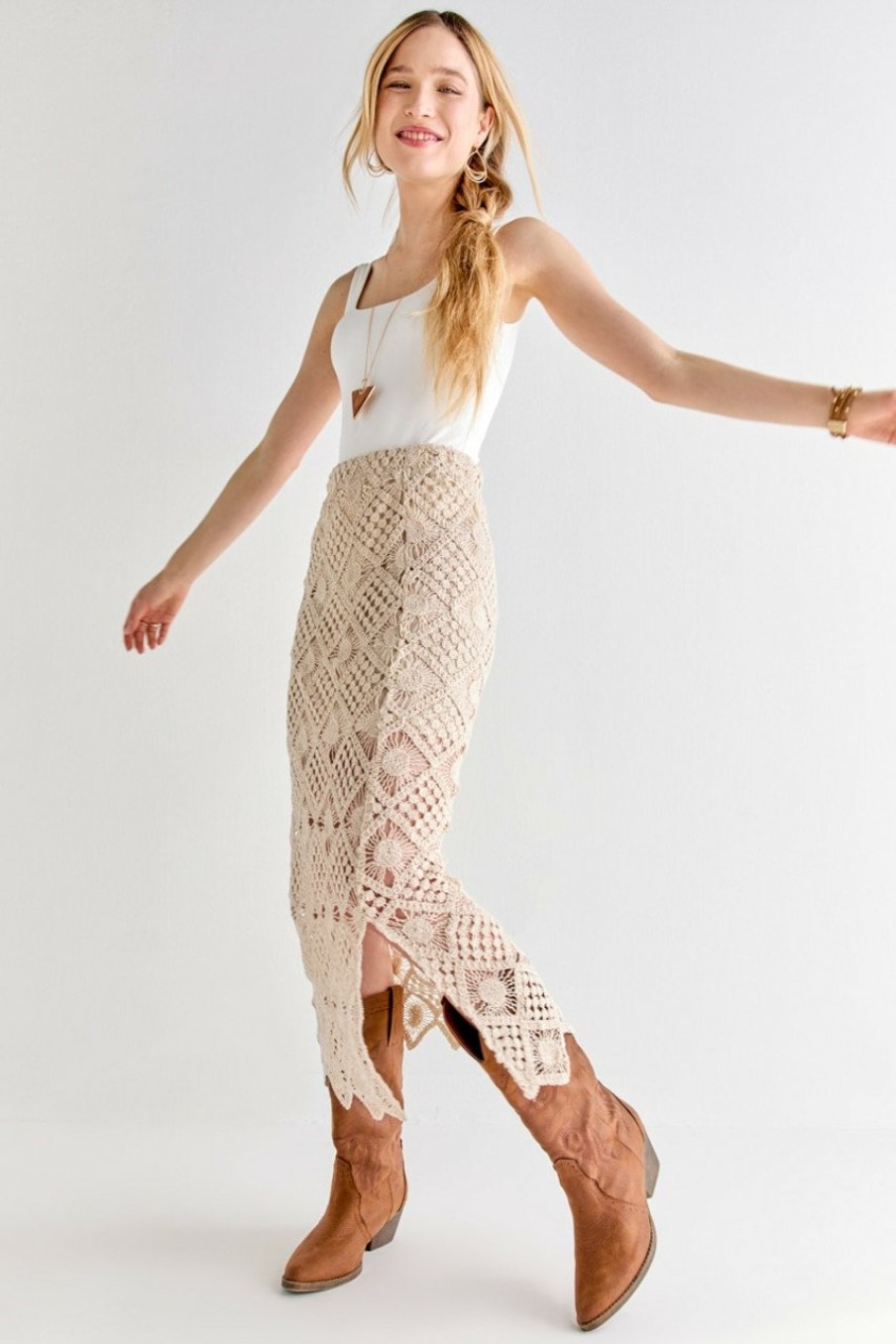 Francesca's Alisha Diamond Crochet Fitted Skirt Natural Skirts