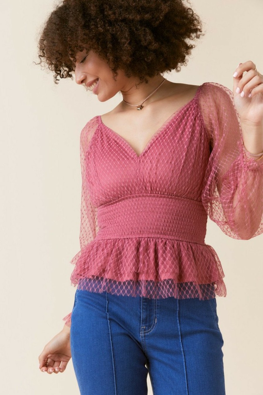 Francesca's Shelly Tulle Smock Peplum Waisted Top Mauve Tops