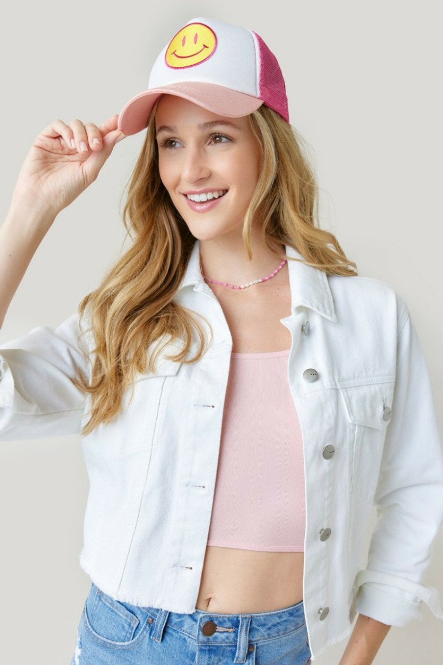 Francesca's Jenna Smiley Icon Washed Trucker Hat Blush Hats