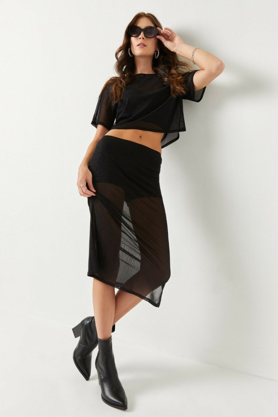 Francesca's Carla Glitter Mesh Midi Skirt Black Skirts