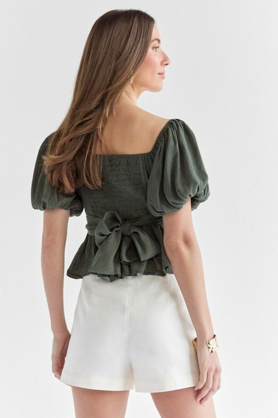 Francesca's Laura Puff Sleeve Tie Back Blouse Olive Green Tops