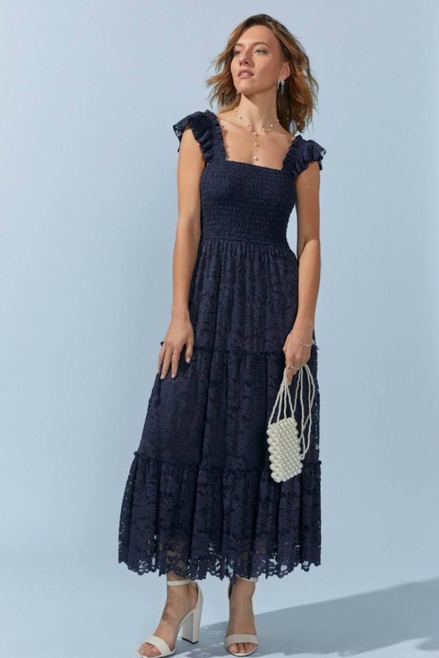 Francesca's Vickie Lace Tiered Maxi Dress Navy Dresses