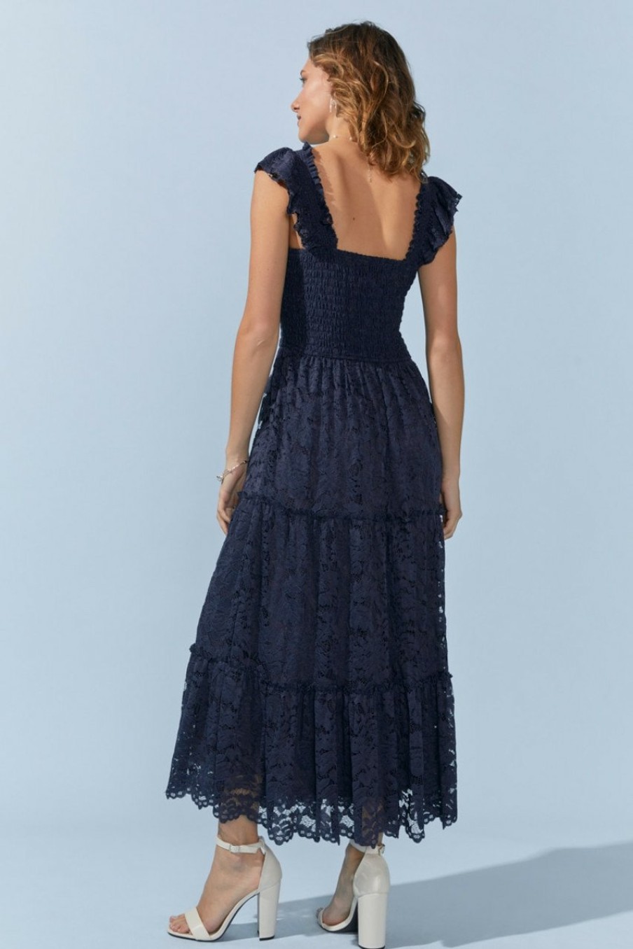 Francesca's Vickie Lace Tiered Maxi Dress Navy Dresses