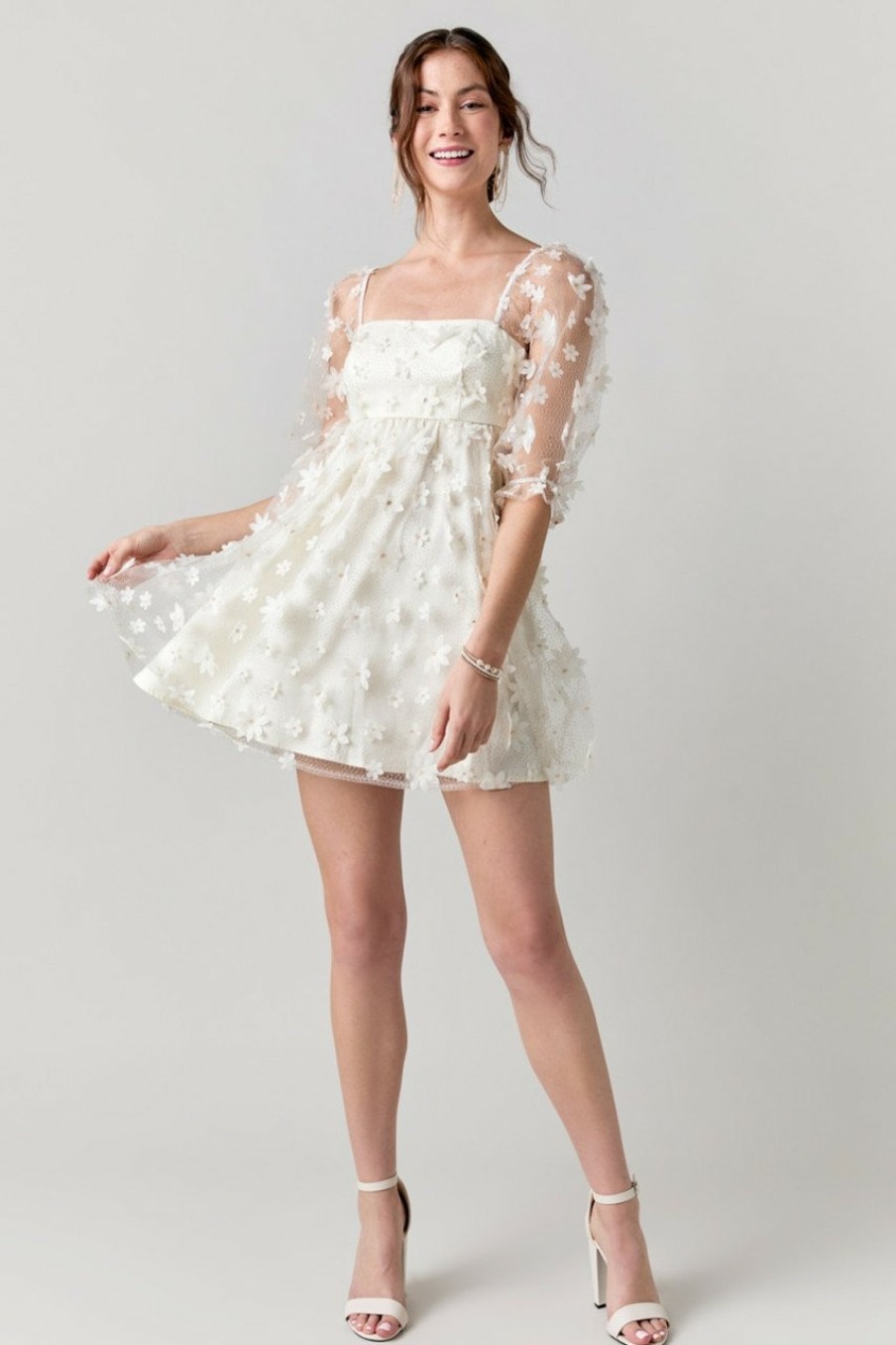 Francesca's Briella Floral Babydoll Dress Ivory Dresses