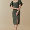 Francesca's Hallie Puff Sleeve Midi Dress Olive Green Dresses