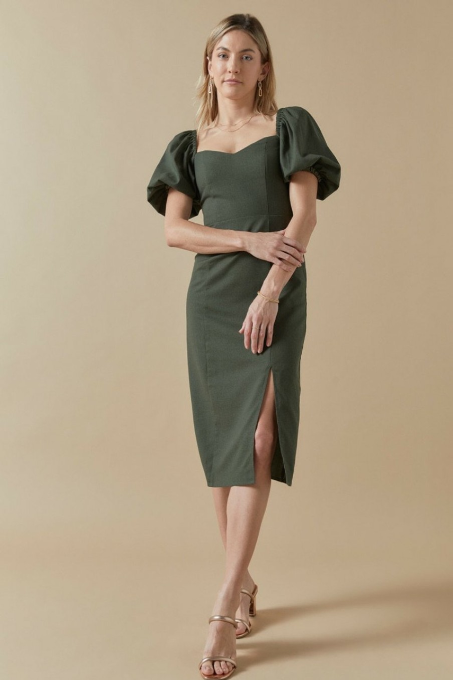 Francesca's Hallie Puff Sleeve Midi Dress Olive Green Dresses